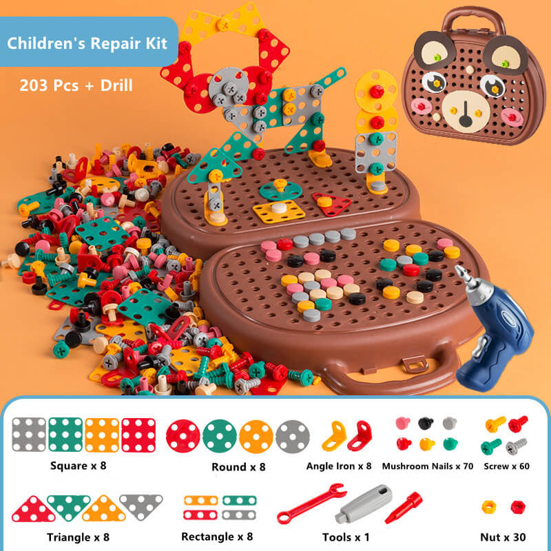 Boîte à outils de réparation pour enfants de 203 pièces, puzzle créatif en mosaïque