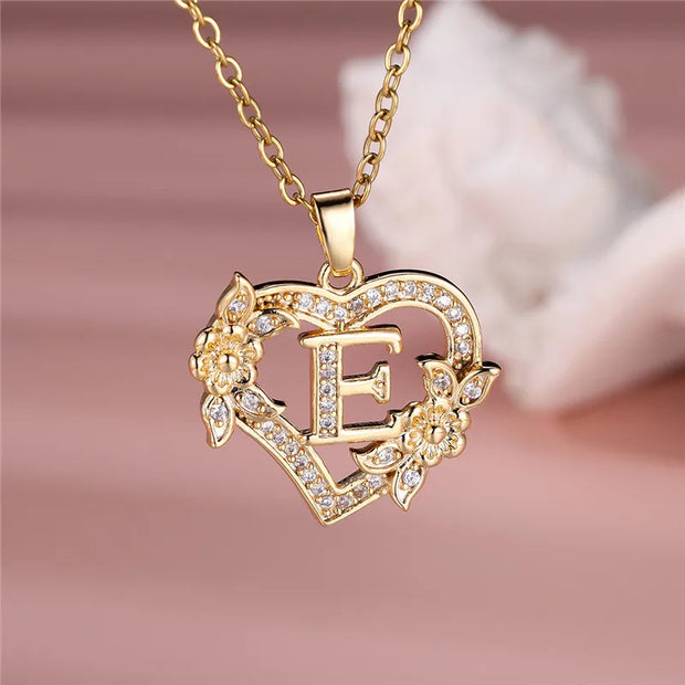 Collier pendentif cœur en forme de fleur avec lettres A-Z