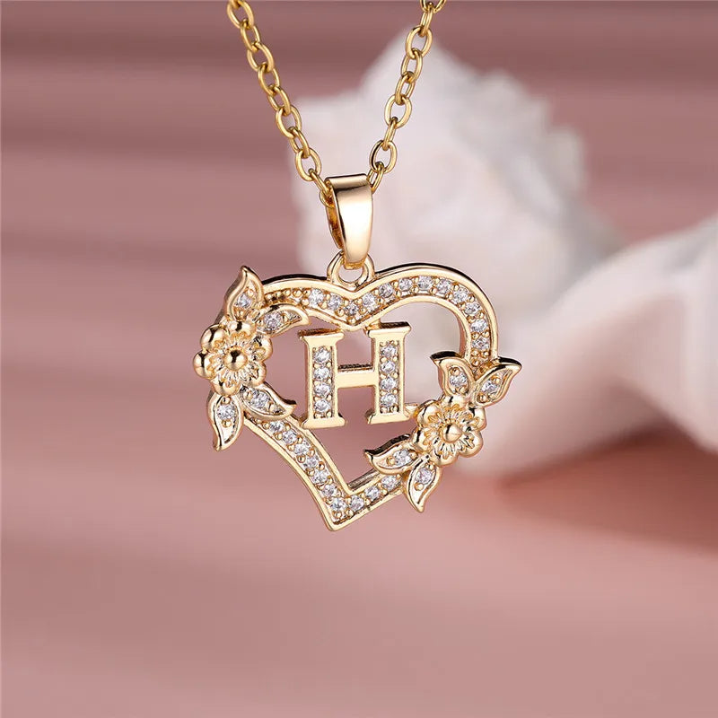 Collier pendentif cœur en forme de fleur avec lettres A-Z