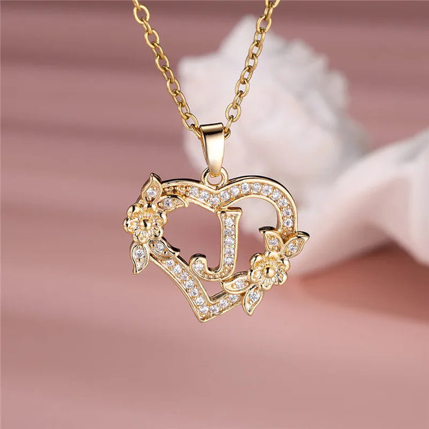 Collier pendentif cœur en forme de fleur avec lettres A-Z