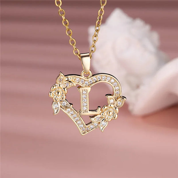 Collier pendentif cœur en forme de fleur avec lettres A-Z