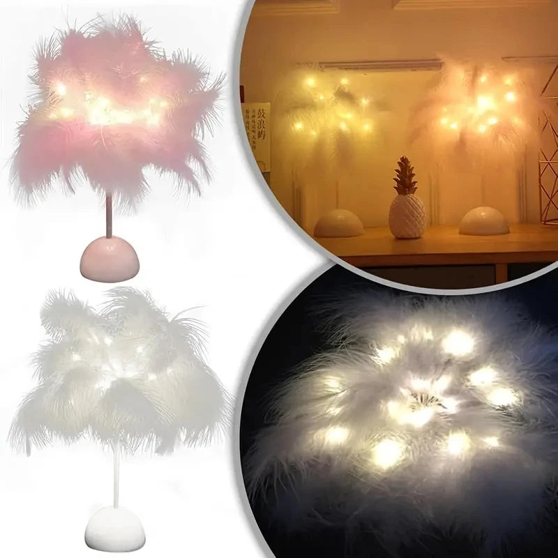 Lampe de table LED à motif de plumes.