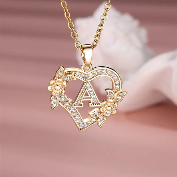 Collier pendentif cœur en forme de fleur avec lettres A-Z