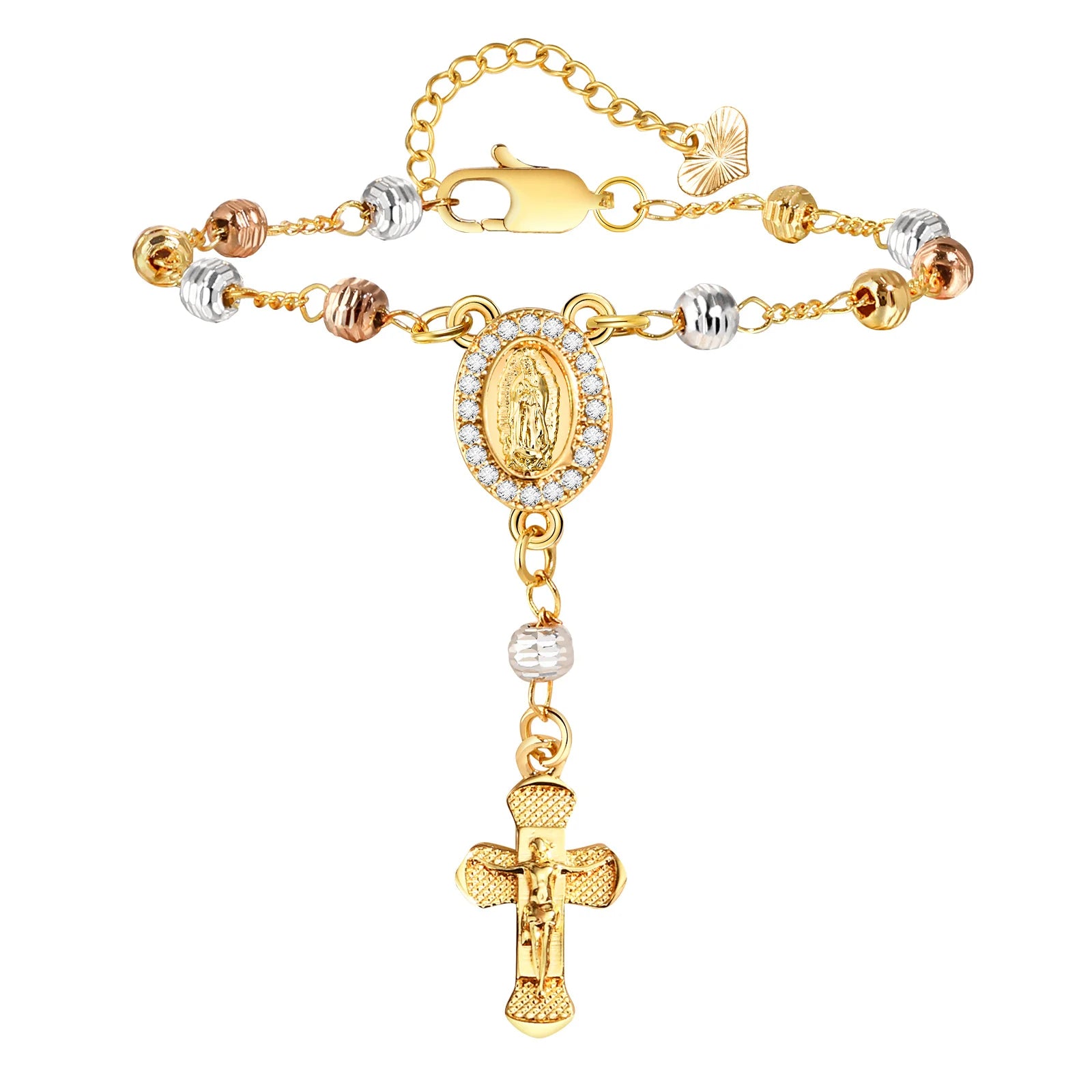 Bracelet à breloques en forme de croix et de chapelet de couleur Tir-Color.                            Tir-Color Rosary Cross Bead Charm Bracelet