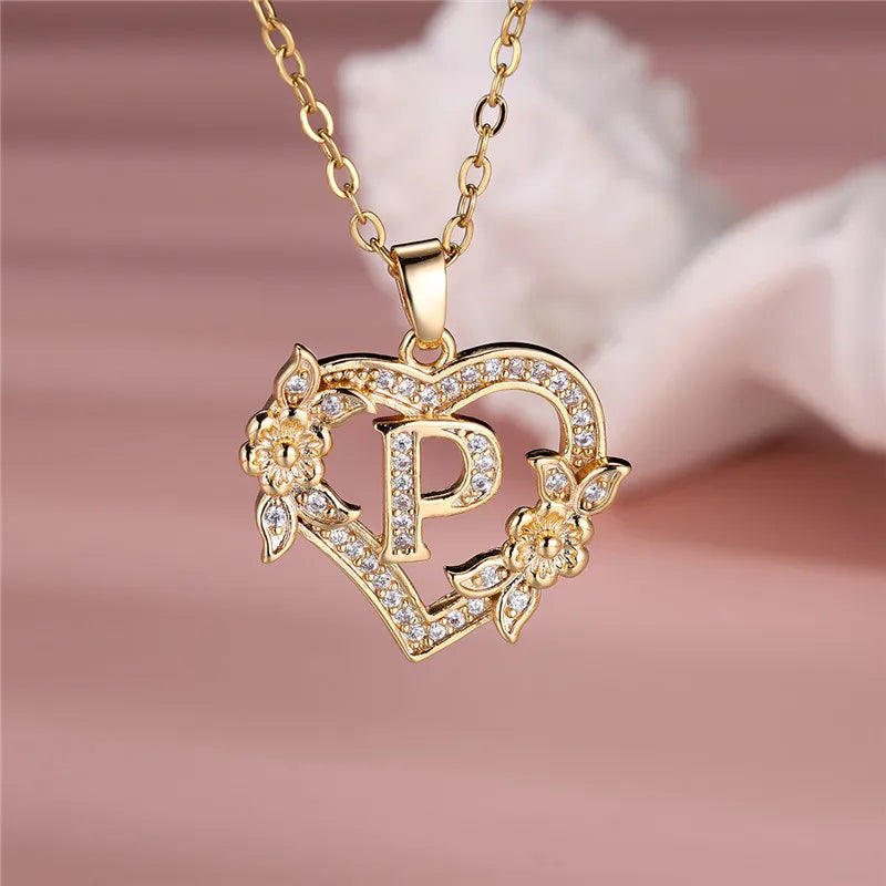 Collier pendentif cœur en forme de fleur avec lettres A-Z