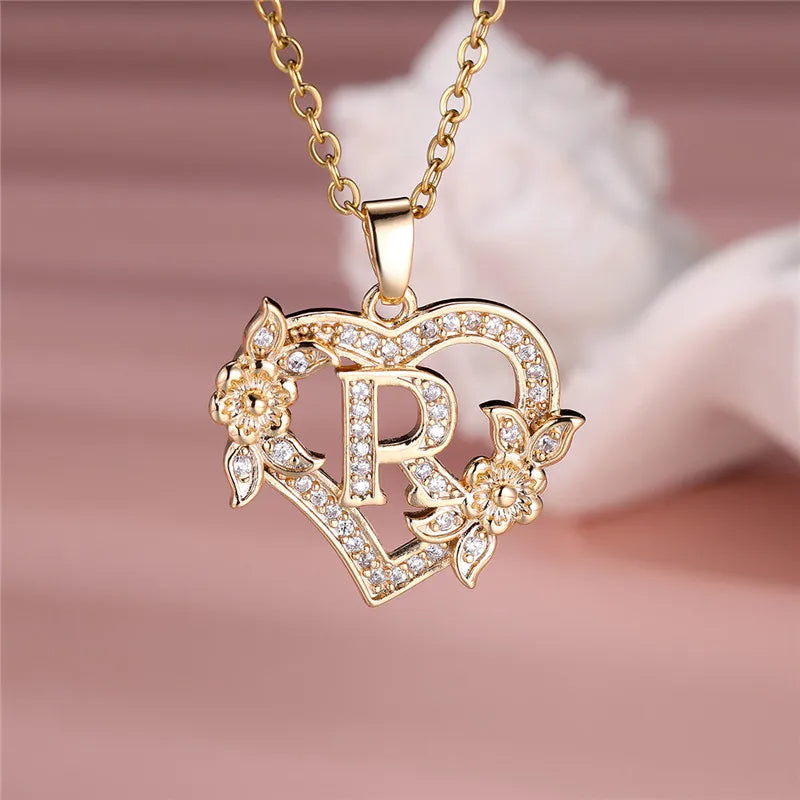 Collier pendentif cœur en forme de fleur avec lettres A-Z