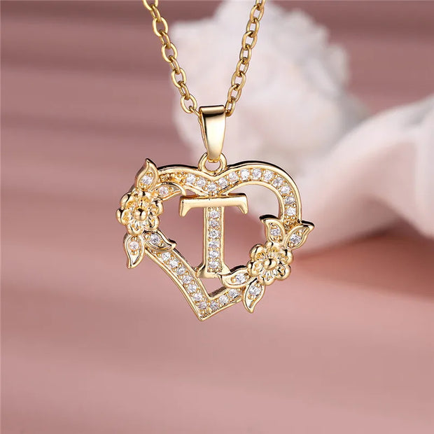 Collier pendentif cœur en forme de fleur avec lettres A-Z