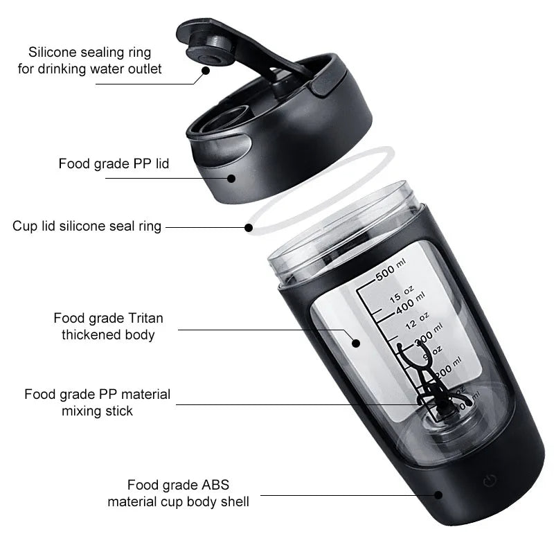 Shaker électrique pour protéines avec récipient pour poudre.