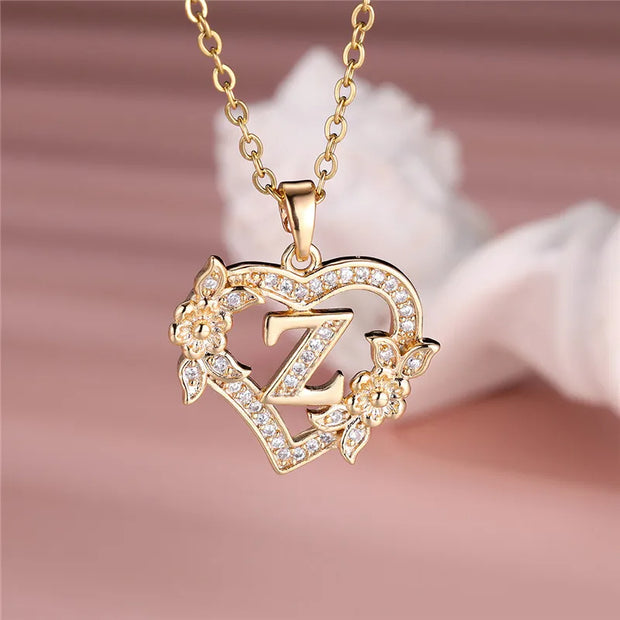 Collier pendentif cœur en forme de fleur avec lettres A-Z