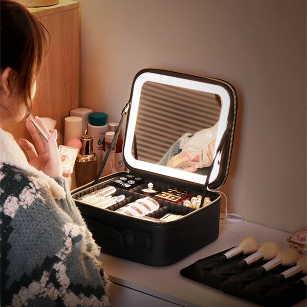 Trousse de maquillage avec lumière LED et miroir plein écran.
