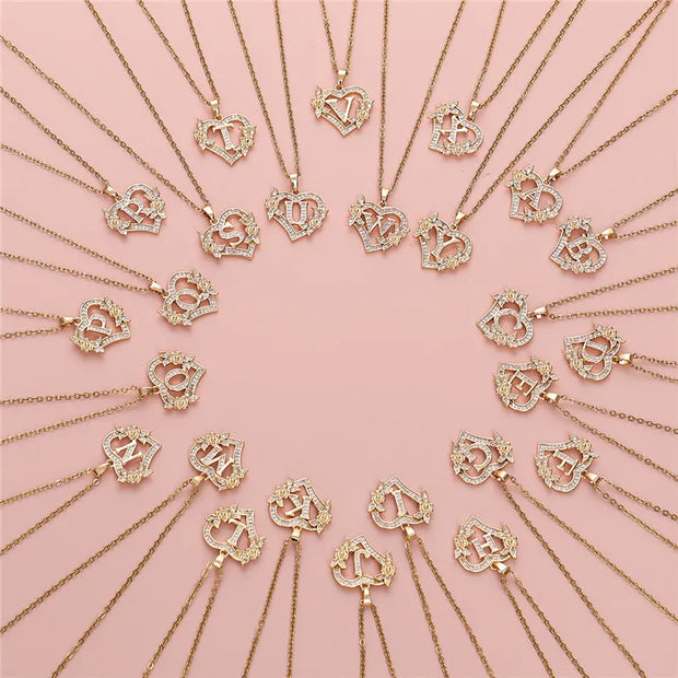 Collier pendentif cœur en forme de fleur avec lettres A-Z