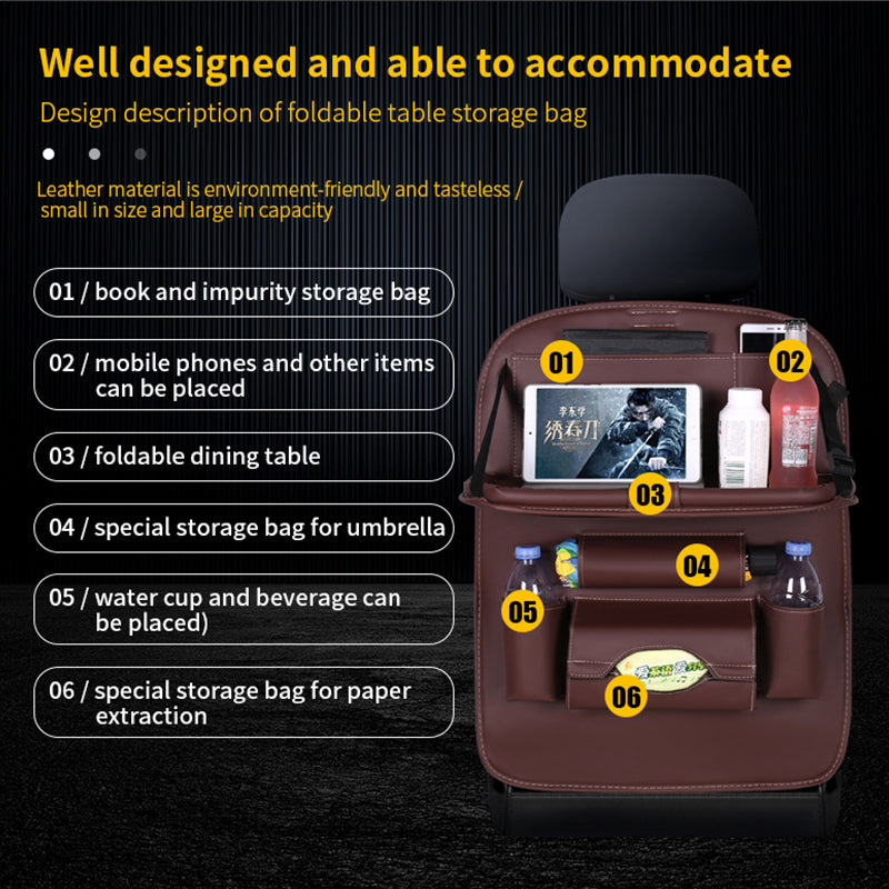 Sac de rangement pour siège arrière de voiture avec table pliable.