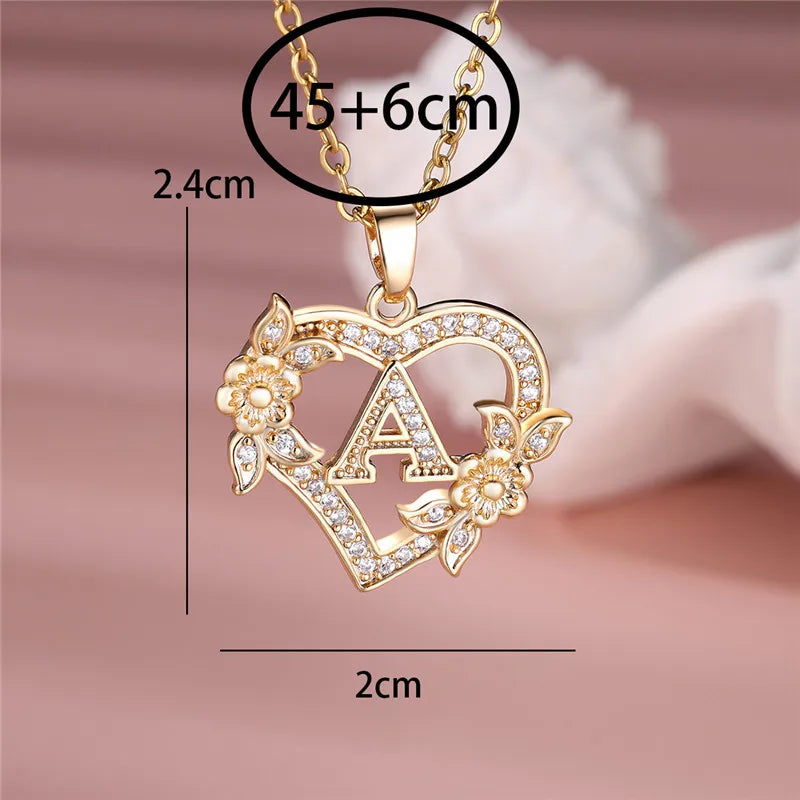 Collier pendentif cœur en forme de fleur avec lettres A-Z
