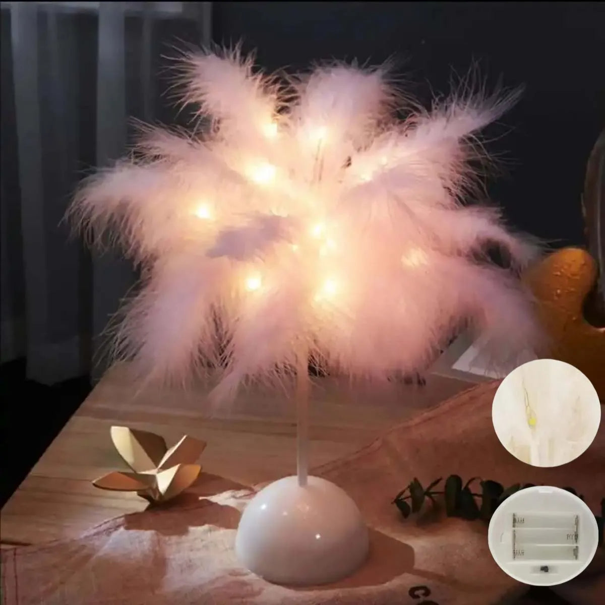 Lampe de table LED à motif de plumes.