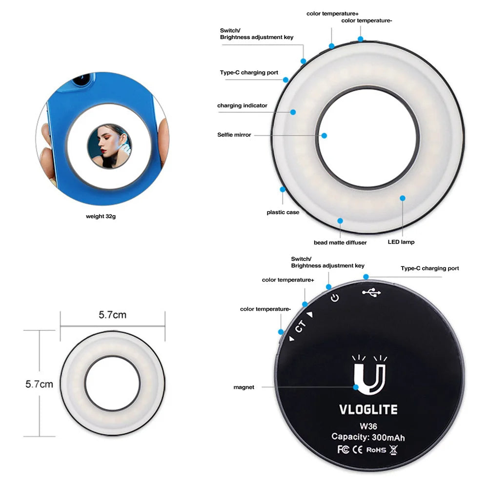 Anneau lumineux LED magnétique à clip pour smartphone.