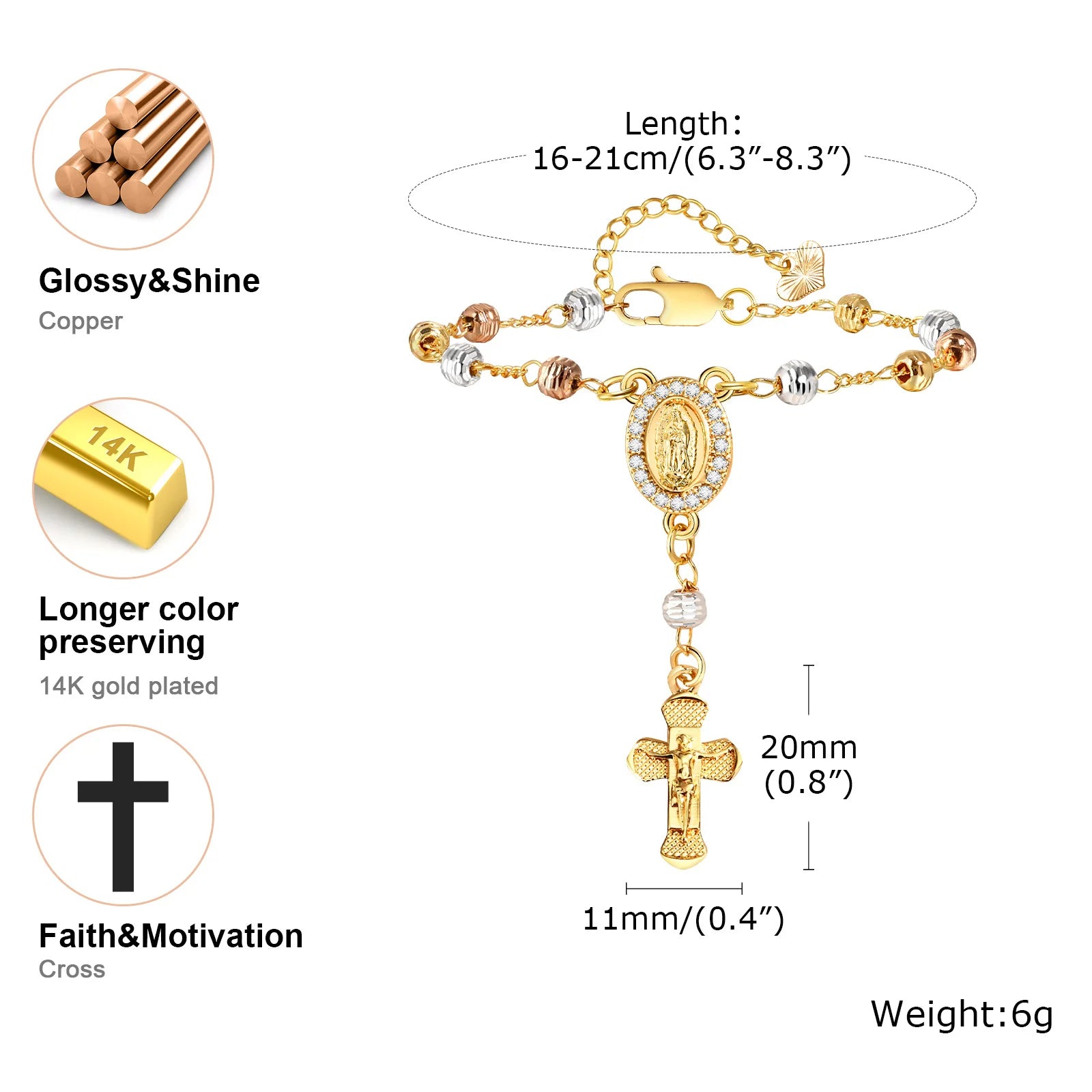 Bracelet à breloques en forme de croix et de chapelet de couleur Tir-Color.                            Tir-Color Rosary Cross Bead Charm Bracelet