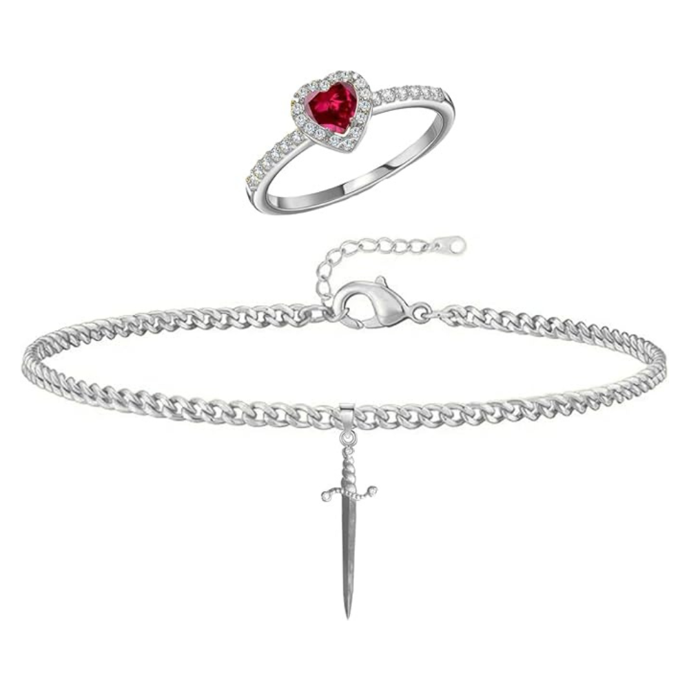 Ensemble bague cœur et bracelet épée