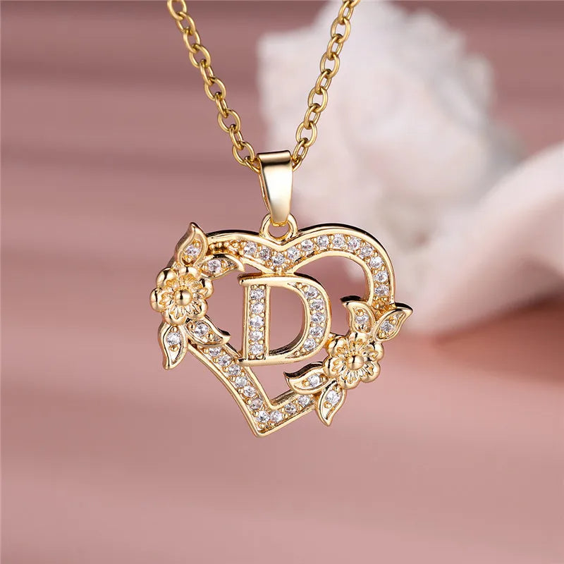Collier pendentif cœur en forme de fleur avec lettres A-Z