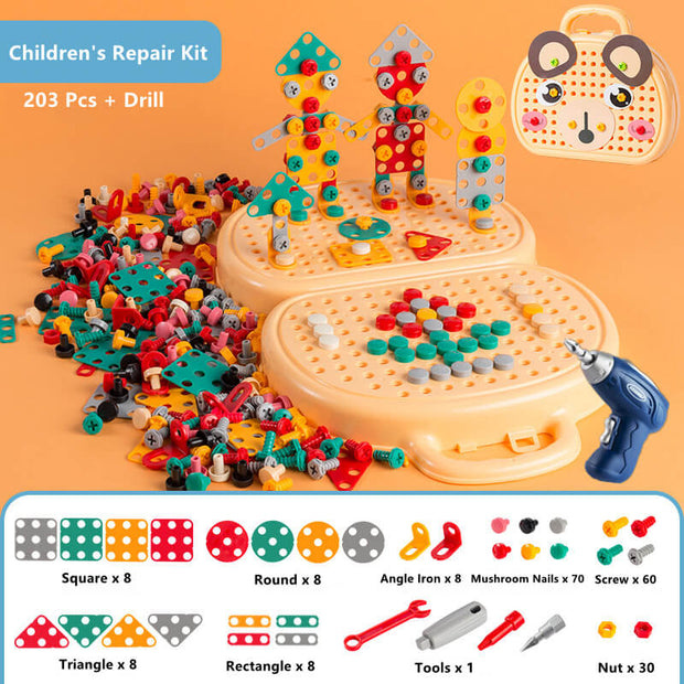 Boîte à outils de réparation pour enfants de 203 pièces, puzzle créatif en mosaïque